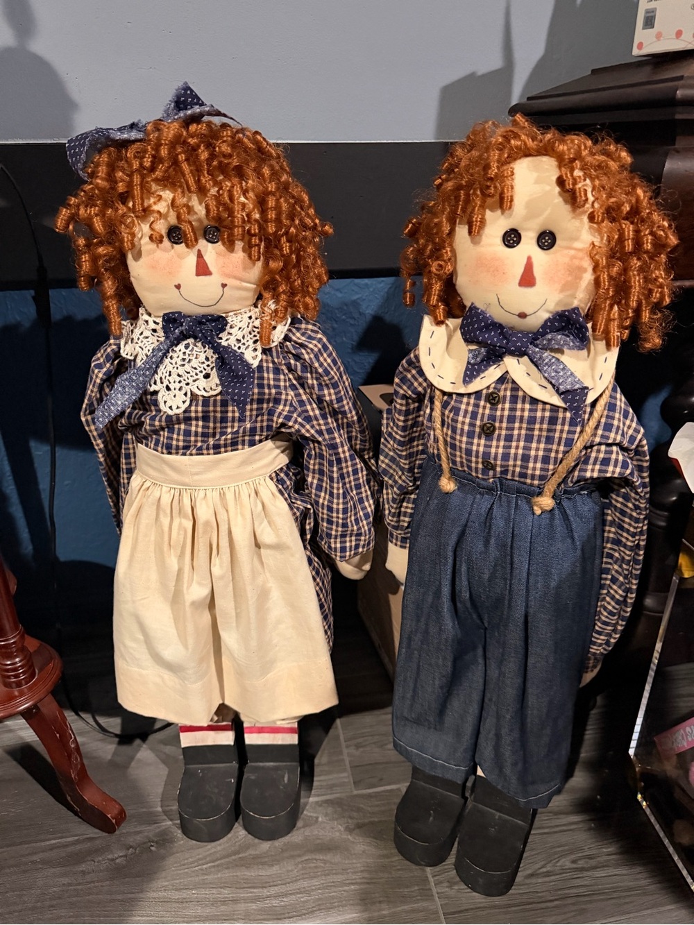 Handmade Rag Doll Pair in Blue Plaid and Cream